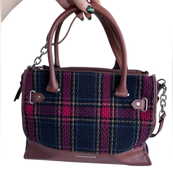 Handbags - Plaid Wool Blend Satchel Handbag with Brown Faux Leather Trim — Great Storage!